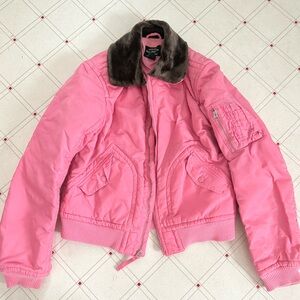 Polo by Ralph Lauren Pink Bomber Jacket with Brown Faux-Fur Collar